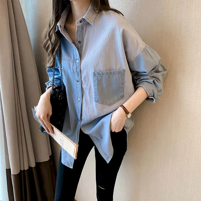 

Denim Shirts for Women Vintage Long Sleeve Patchwork Cardigan Polo-neck Casual Single Breasted Korean Style One-piece Women Tops