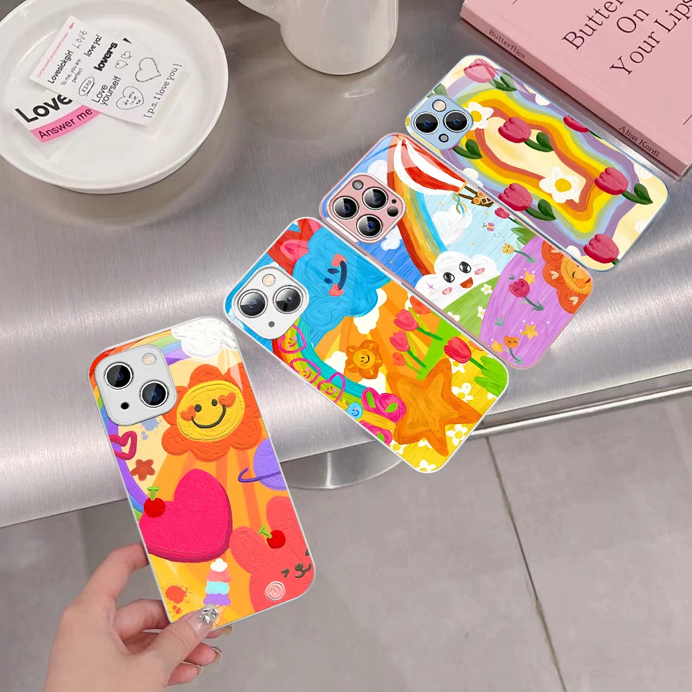 Colorful Rainbow Phone Case For iPhone 14 13 12 Mini 11 Pro XS Max X XR 14 Plus Tempered Glass Cover