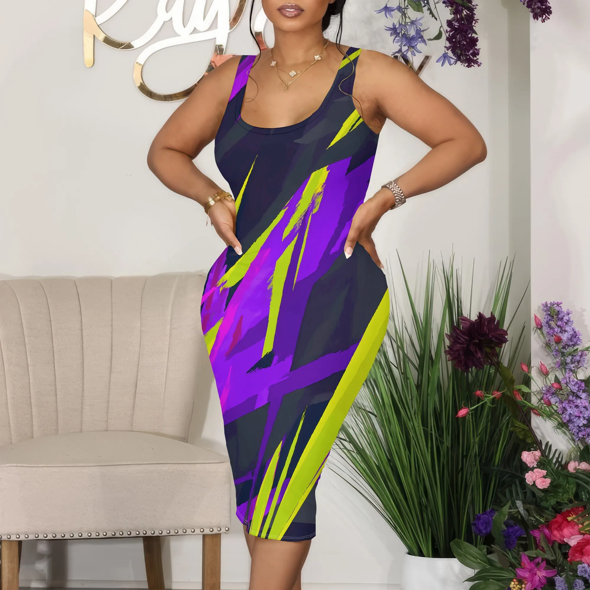 

Sleeveless Square Neck Suspender Midi Dress S-3XL