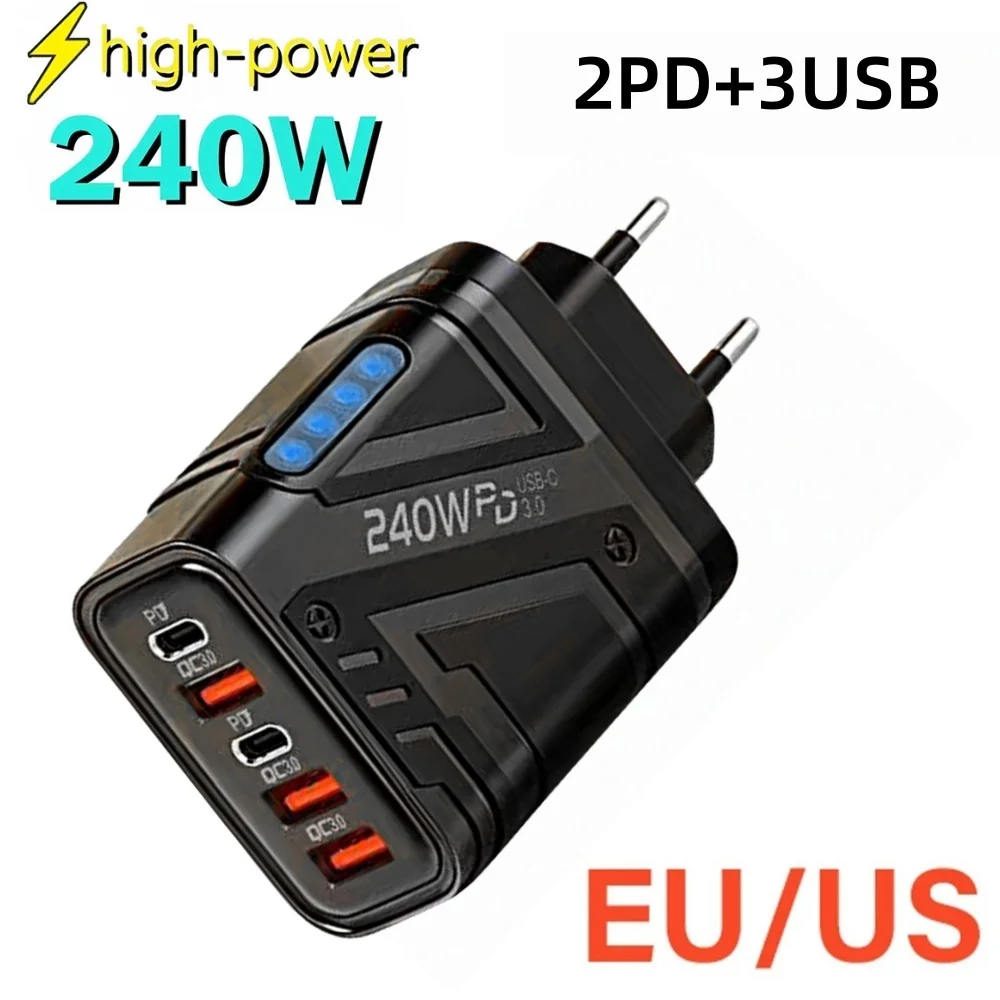 240W Type C 5-Port USB Charger Station 2PD 3USB Fast Charging Adapter For iPhone Samsung Xiaomi Tablet EU US Plug Travel Charger
