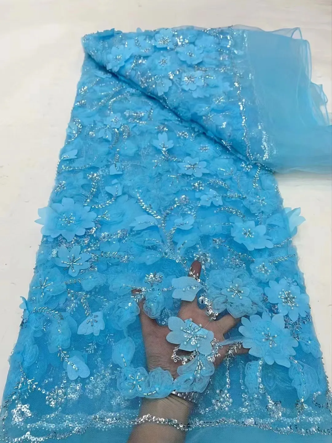 Hot Sale Luxury African Sequin Beaded Lace Tulle Fabric 2024 French 3D Flower Embroidered Applique Fabric For Sewing Material 5Y