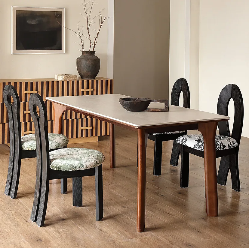 القرون الوسطى نمط ديلي فنغ الكهف الحجر روك بلاطة طاولة طعام وكراسي 2025 غرفة المعيشة الجديدة المنزل خشب متين الرجعية مستطيلة الدين