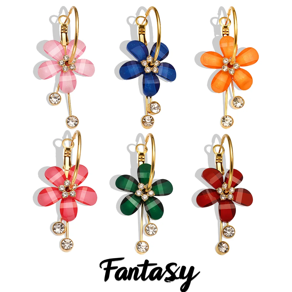 New Colorful Resin Flower Earrings For Women Shiny Zircon 316 Stainless Steel Gold-Plated Drop Earrings Bohemia Jewelry Gift