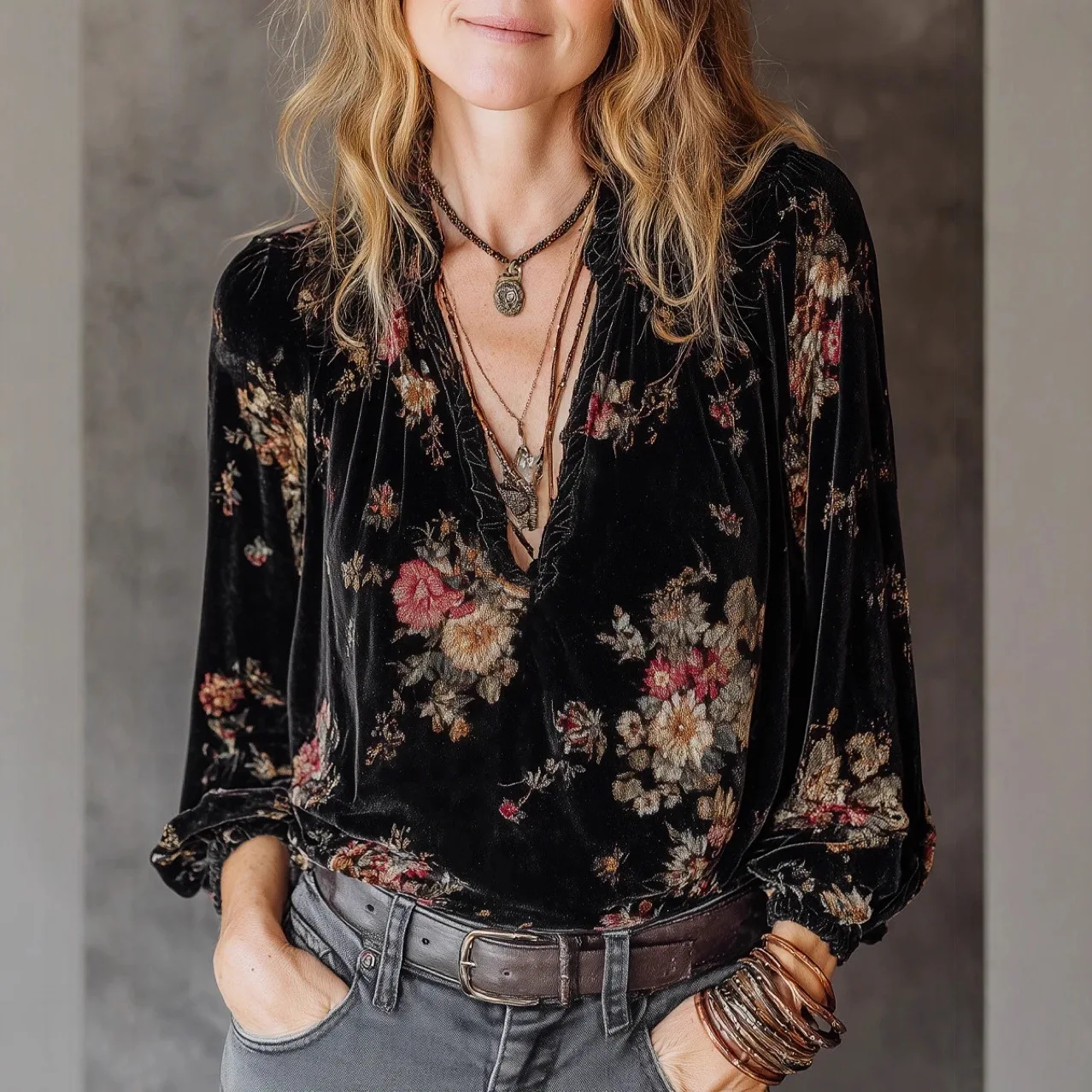 

Autumn Winter Gold Velvet Printed Retro Pullover Top Women's Ethnic V-Neck Black Long Sleeved Vacation Shirt Top Streetwear New