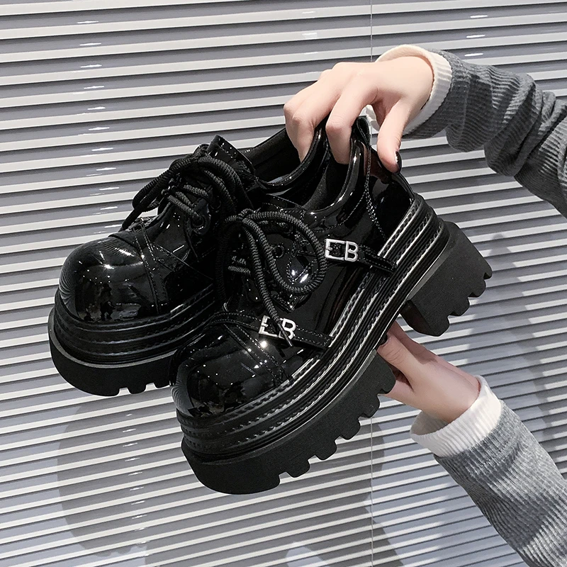 

8CM NEW Chunky Platform High Heels Women Spring Leather Ankle Buckle Mary Jane Shoes Woman Thick Heeled Pumps Lolita Shoes