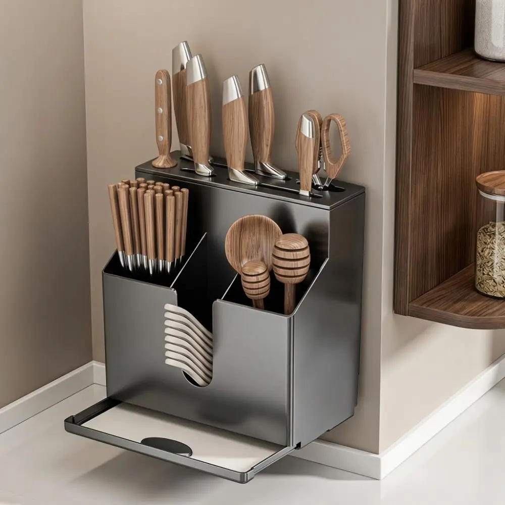 Plastic Integrated Cutlery Holder Wall Mounted Large Capacity Cutter Holder with Drain Tray No Drill Chopstick Storage Rack