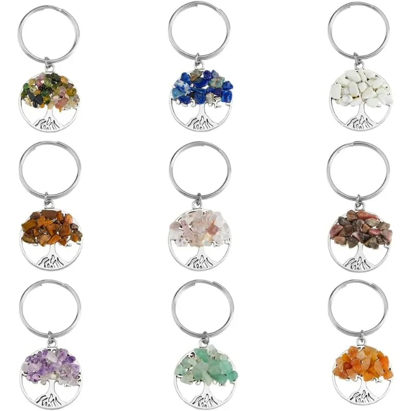 

36Pcs 9 Styles Tree of Life Keychain Natural Crystal Stones Handmade DIY Keychain Charm Pendant Gemstones Key Chain Charm