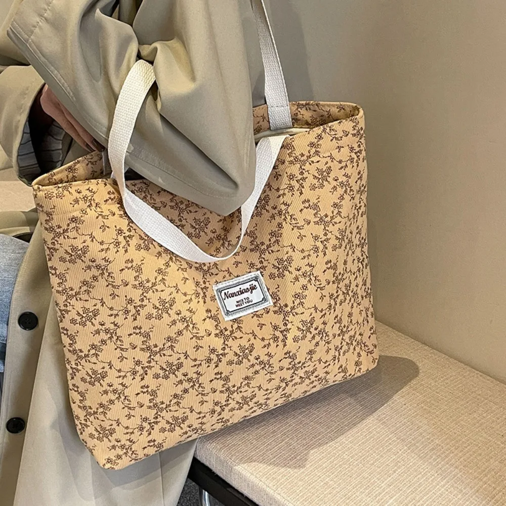 

Durable Soft Shoulder Bags Corduroy Fabric Large Capacity Floral Designed Bags Tender Color Sweet Style Handbag Commuting