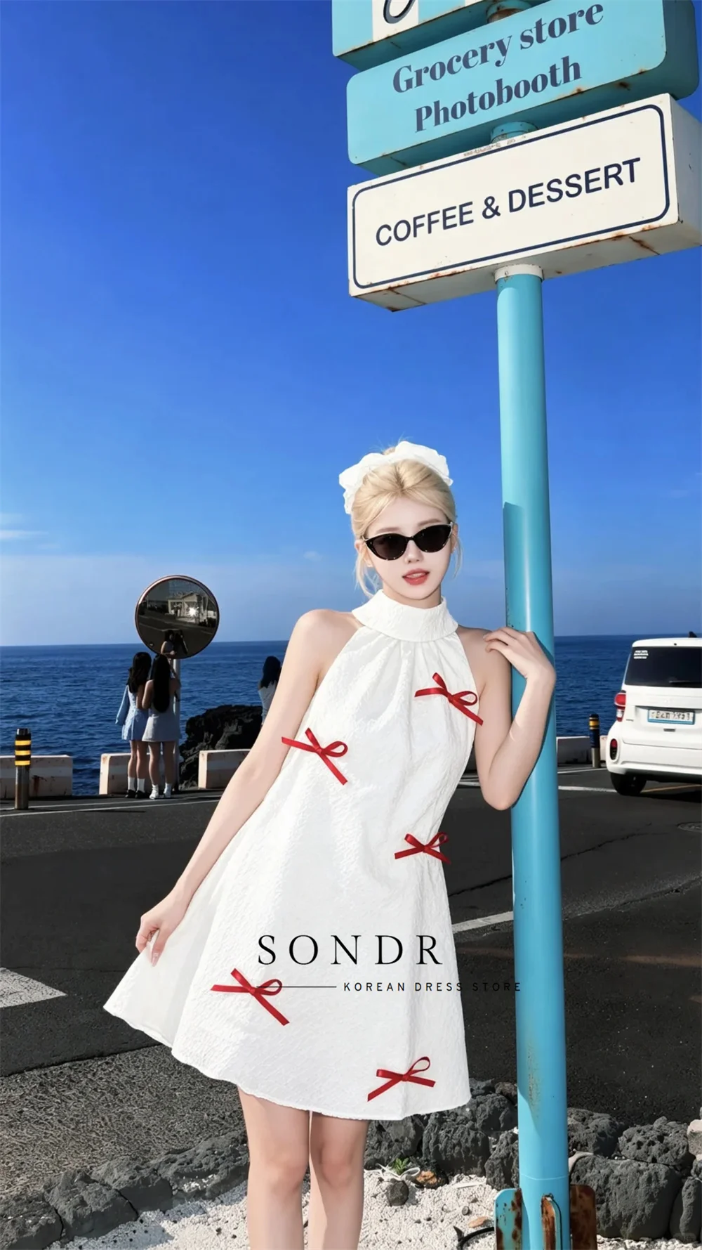 Sondr O-Neck Mini Korean Wedding Photography Dress with Red Bow Prom Gown Dress Customized Party Dress