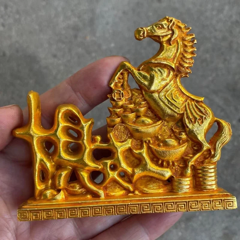 Horse Ornament with Pull Cart Gold Ingots, Office Home Decor Wealth and Fortune, Antique-Style Good Luck