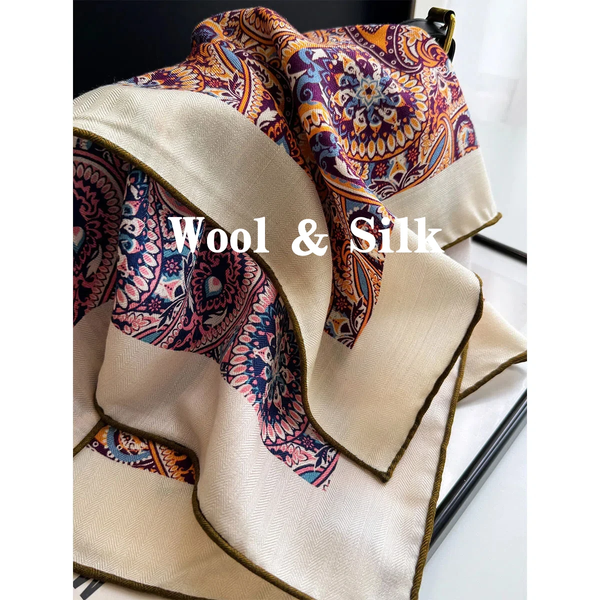 

82% Wool 18% Silk Square Scarves for Men Women Autumn Spring Luxury Brand Ethnic Paisley Silk Wool Scarf Neck Warmer