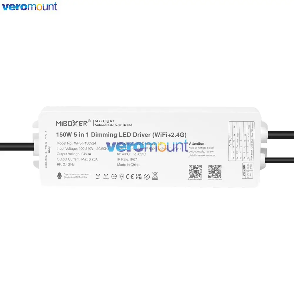 MiBoxer 75W WL5-P75V24 150W WP5-P150V24 5 in 1 LED Driver Power Supply WiFi + 2.4G RF for Single Color/CCT/RGB/RGBW/RGBCCT Strip