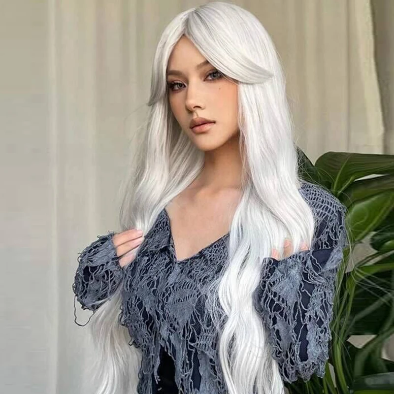 Ash Gray Platinum Long Curly Synthetic Wigs with Bangs for Women Afro Deep Wave Cosplay Lolita Wig Natural Hair Heat Reisitant