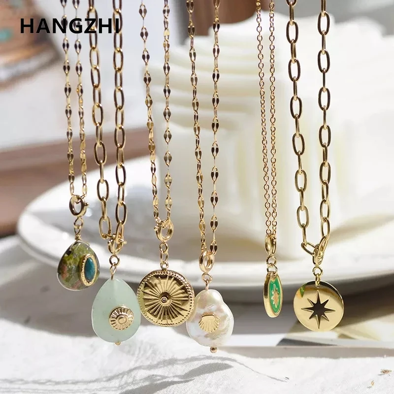 HangZhi 2021 New Vintage Titanium Steel Geometric Round Water Drop Stone Metal Pendant Necklaces for Women Jewelry Sweater Chain