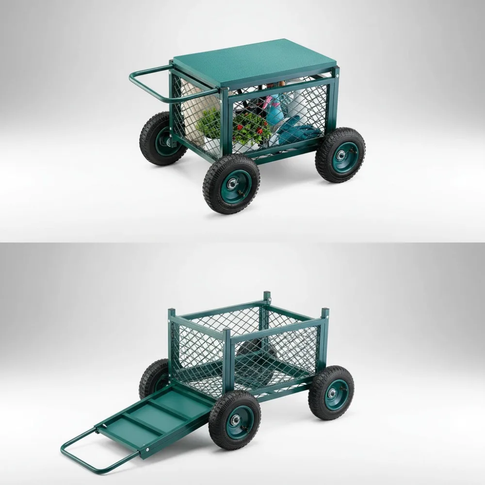 

Heavy Duty Rolling Garden Cart with Seat, 400LB Capacity All-Terrain Wheels, Multifunctional Storage Wagon for Lawn & Patio