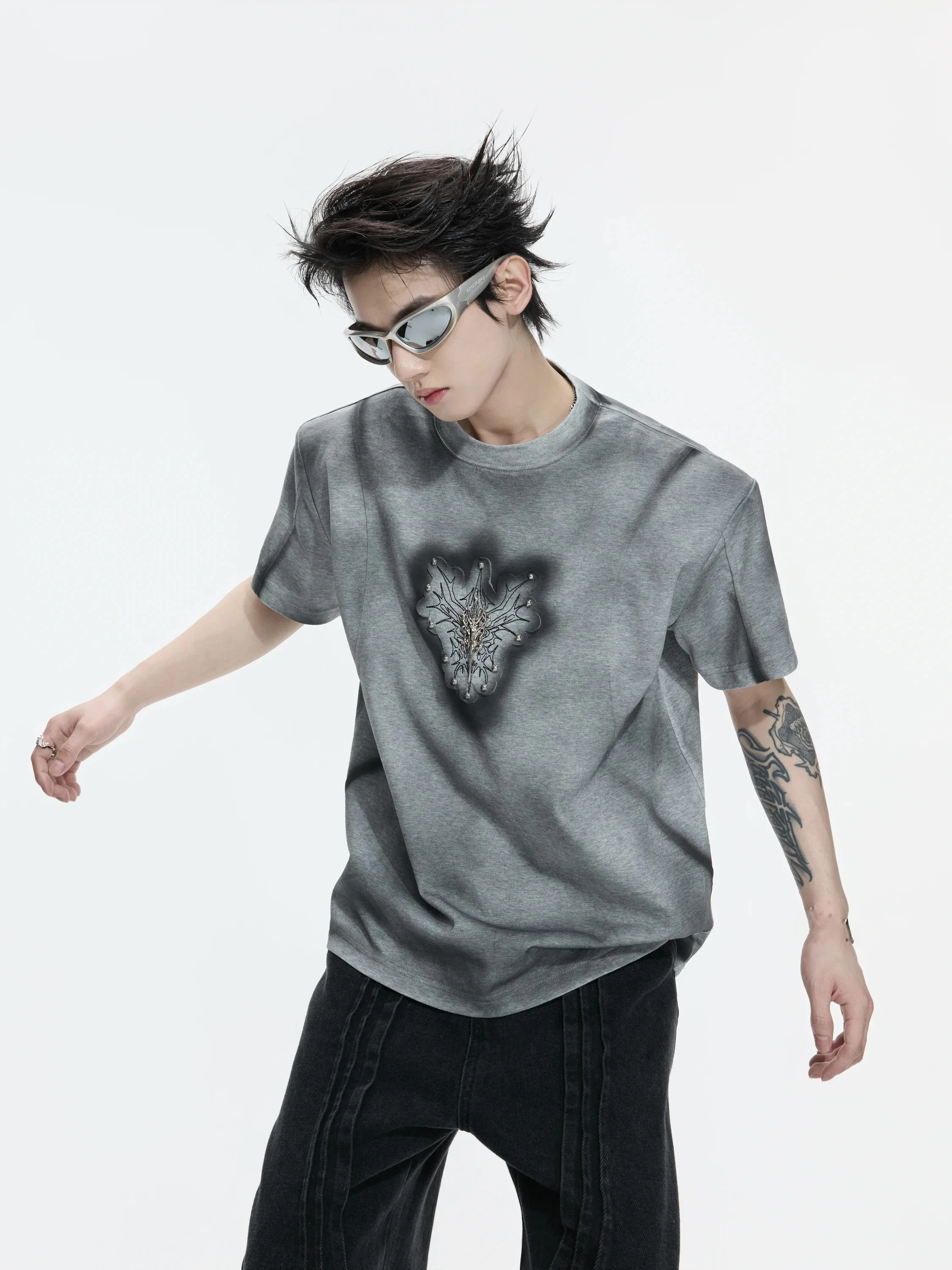 Argue Summer T-Shirt Hand-Painted Fading Spray Painting Loose Short-Sleeve round Neck Cotton Gothic Style Urban Fashion for T...