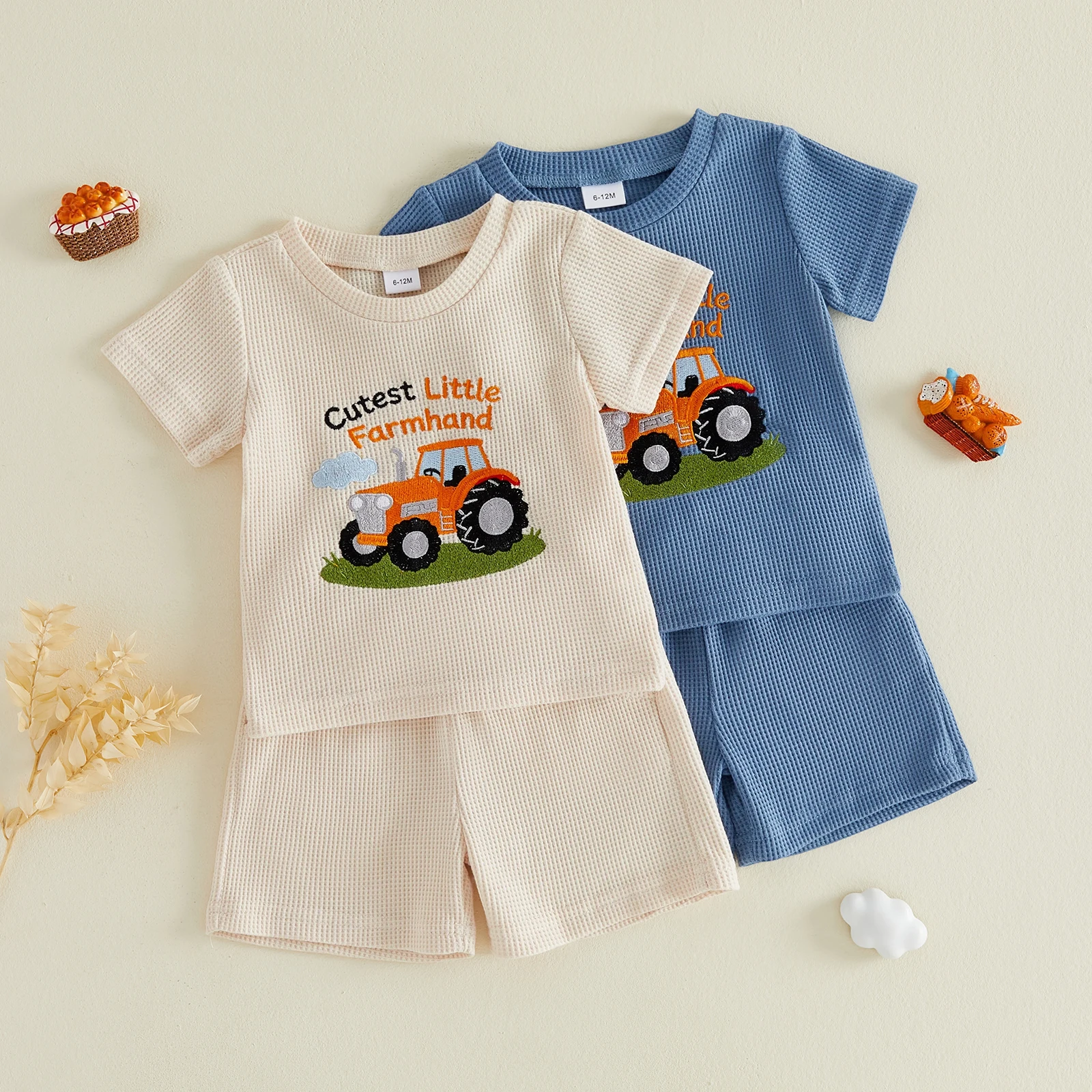 Toddler Boy Summer Outfit Waffle Knit Short Sleeve Crew Neck Tractor Embroidery Tops and Elastic Waist Shorts Set