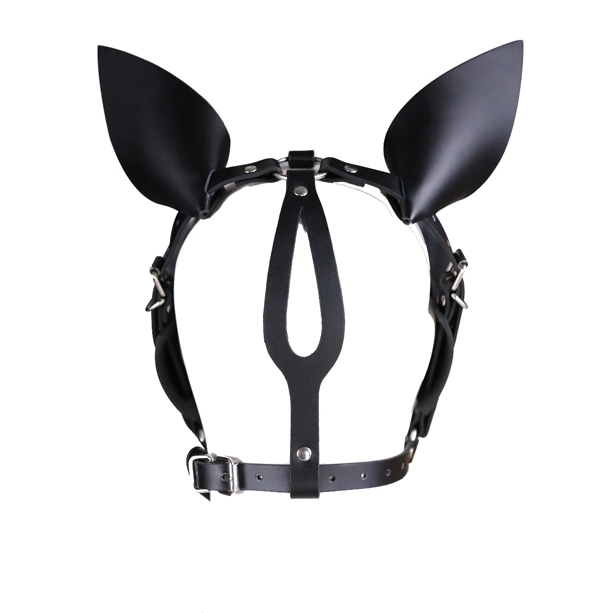 BDSM Harness Ball Gag Eye Blinder Fetish Toys Head Piece Hood Mask With Silicone Bone Mouth Gag Ears Eye Shade Bit Blindfold Set view 5