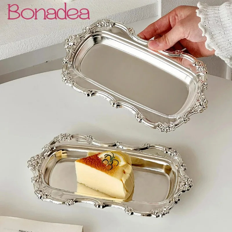 Nordic Vintage Cake Dessert Plates, Stainless Steel Palace Style Silver Trays, Tea Small Tray, Candle Storage Tray