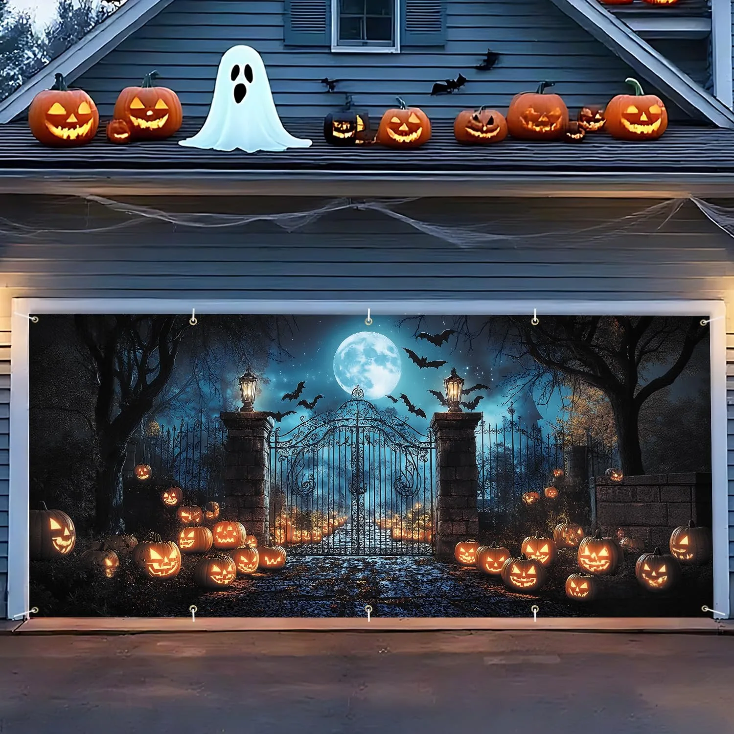 Halloween-Garagentorbanner Vollmond Kürbis Friedhofstor Hintergrund Gruselige Outdoor-Gartendekoration Geisternacht-Kulisse