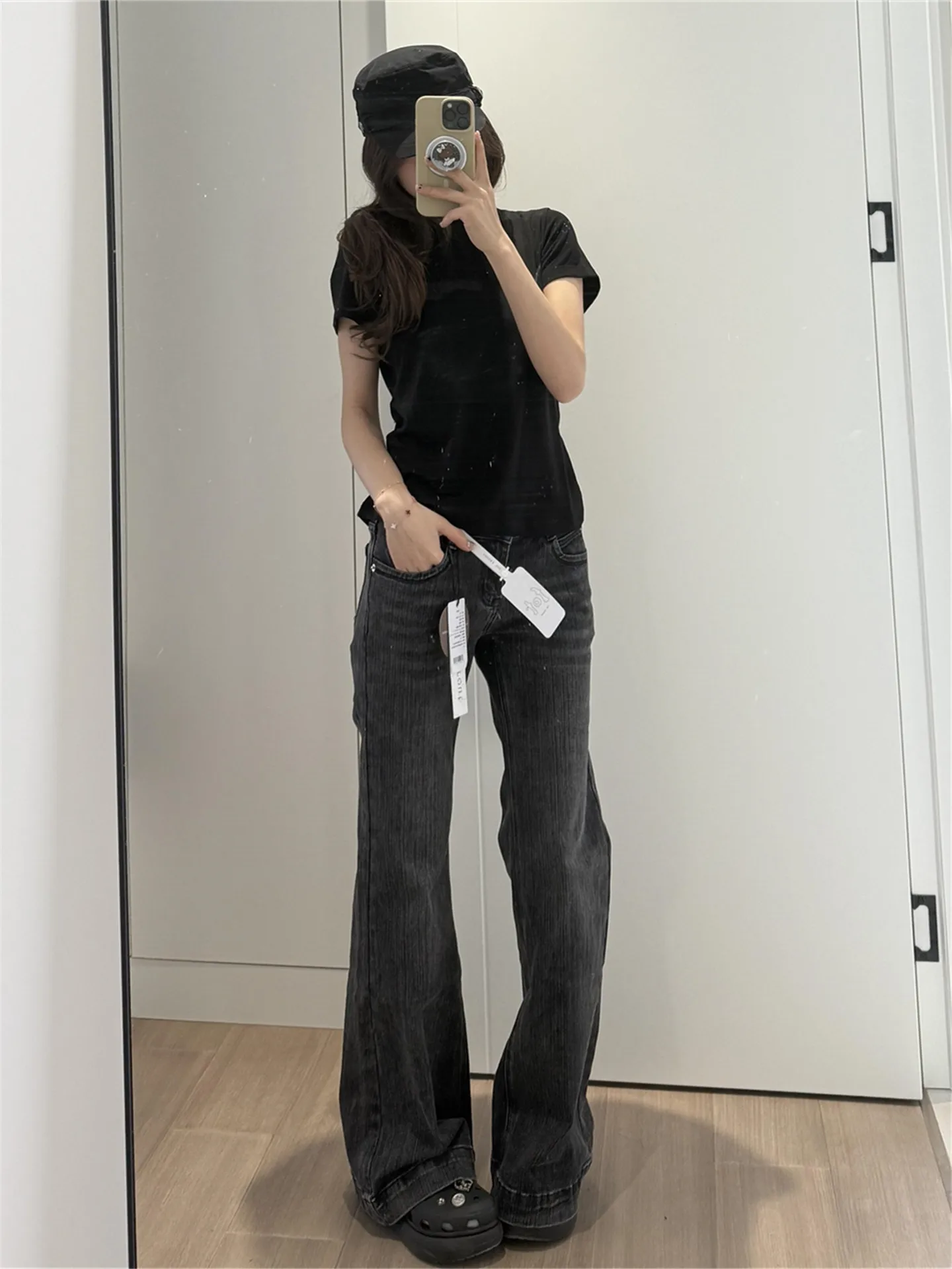 

Ретро-джинсы-клеш с низкой талией в американском стиле, серые с черным, женские, свободные, стройнящие, длинные, из бамбукового волокна, осенне-зимние, повседневные