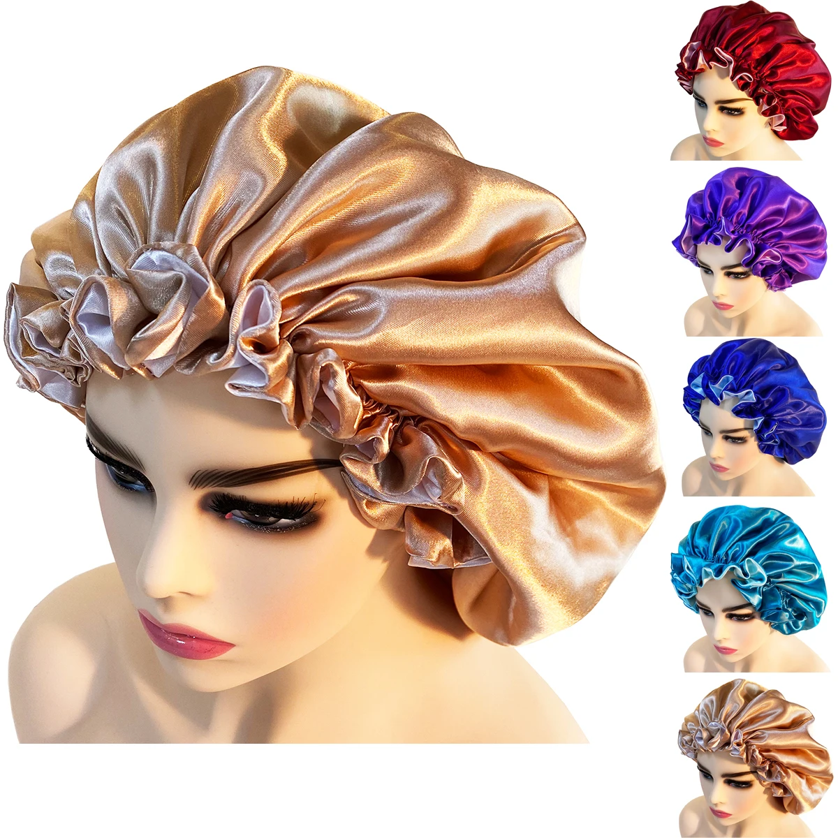 1Pcs Women's Double Layer Satin Bonnet Elastic Hat Casual Sports Silk Smooth Suitable for Curled Straight Hair Sleeping Hat