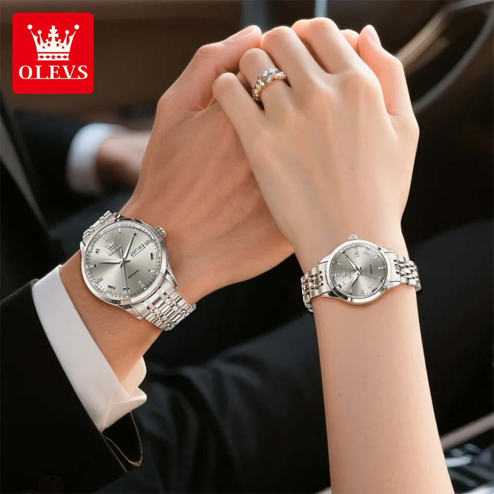 OLEVS 7062 Couple Watches Top Brand Fashion Original Automatic Mechanical Wristwatch Waterproof Luminous Date Roman Dial Reloj
