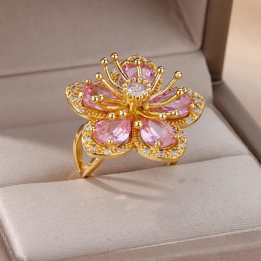 Luxury Pink Color Flower Zircon Rings For Women Open Stainless Steel Exquisite Jewelry Ring Party Wedding Engagement Gift