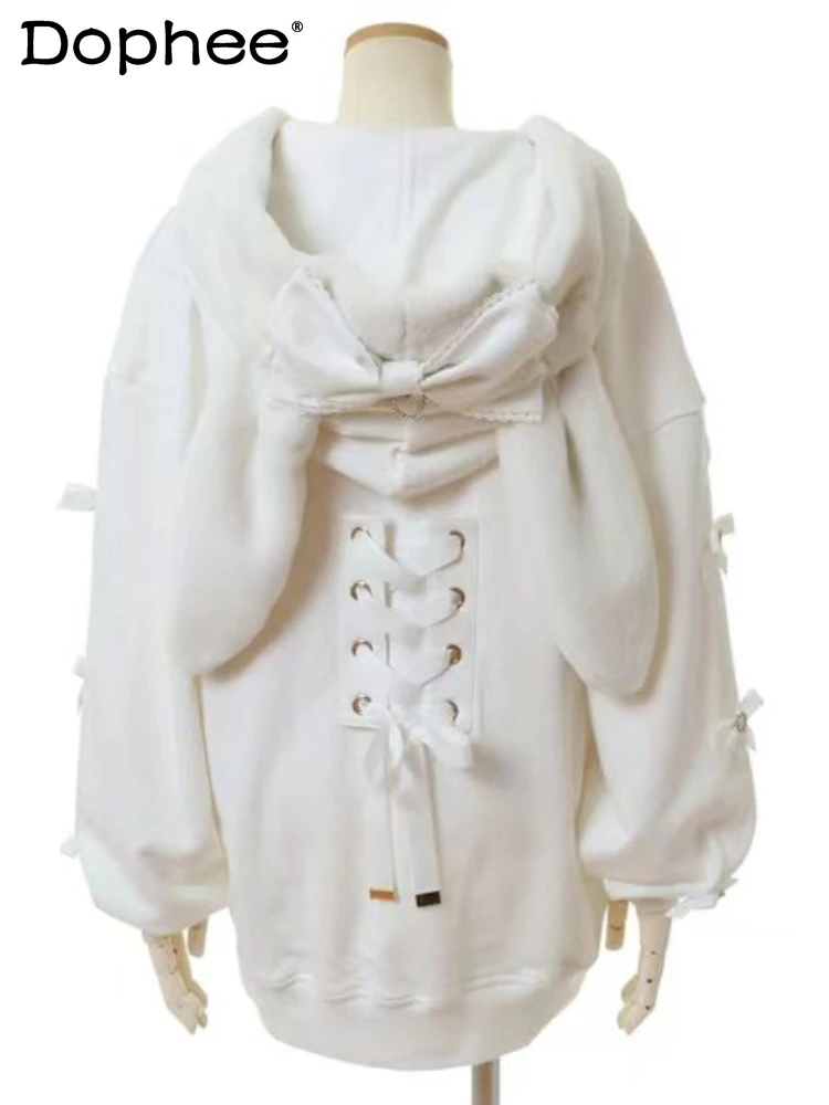 

Japanese Cute Hooded Rabbit Ears Long Cardigan Jacket Female 2023 Autumn and Winter New Bow Long Sleeve Sweatshirts Women