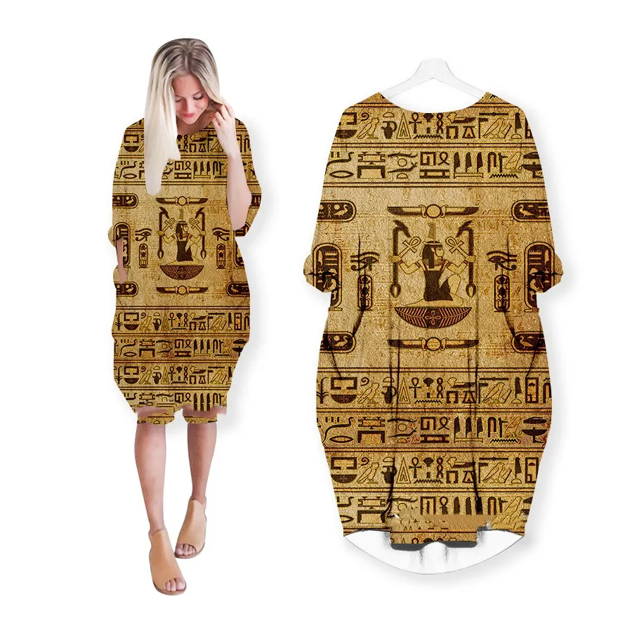 

3dPrint Pharaoh of Egypt Dresses Fashion Casual Dress Plus Size Women Clothing Pocket Long Sleeve Fat Sister Top Shirt Summer