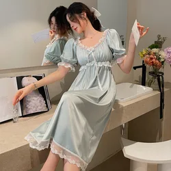 Summer Women's Lace Nightdress Bud Short Sleeve Princess Dress M L Sexy Rayon Sleepshirts Bride Lingerie Nightgown Home Clothes