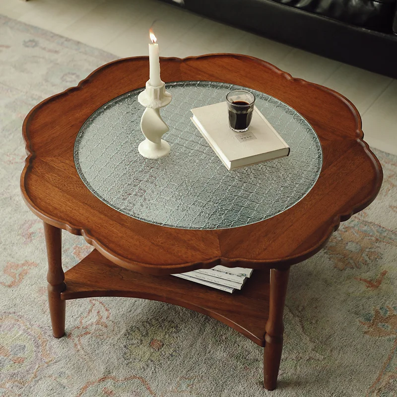 Ash wood lace coffee table small apartment double round table combination living room Changhong glass small round table solid wo