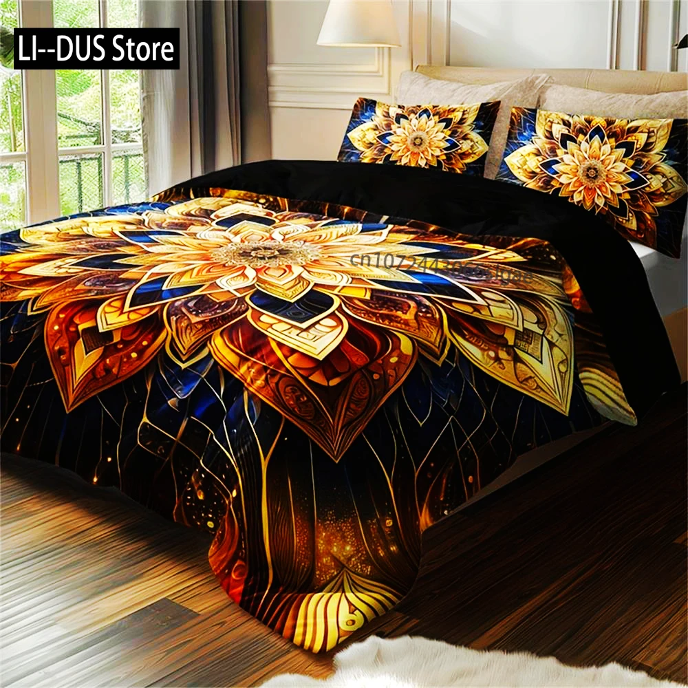 

Golden Mandala Floral 3-Piece Duvet Cover Set With 2 Pillowcases - Breathable Polyester, All-Season, Machine Washable