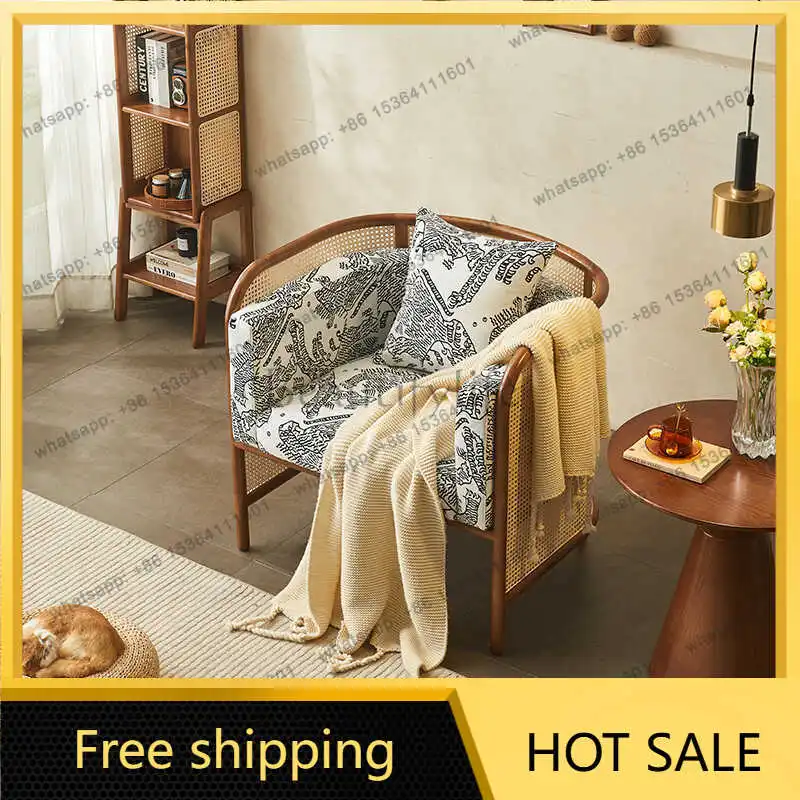 LD Nordic solid wood single leisure chair balcony living room woven rattan dining chair