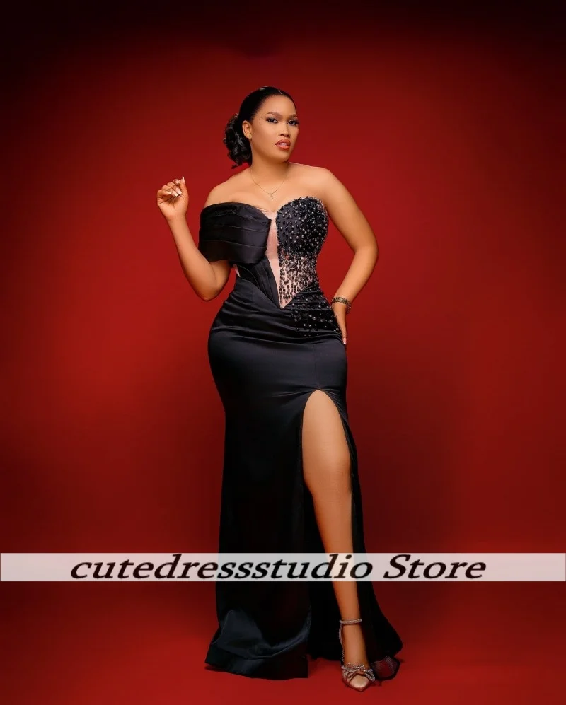 Schwarze One-Shoulder-High-Split-Meerjungfrau-Abendkleider mit exquisiten Perlen, afrikanisches Abendkleid, Hochzeits-Party-Kleider, individuell gestaltet