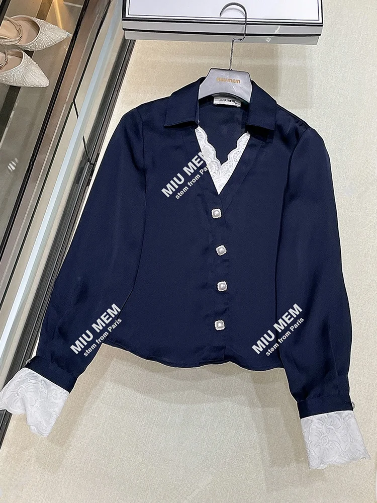 

High-End Autumn Design V-Ne irt Lace Collar Long Sve ort Length Pure Color Commute Sle Women's Premium Faion Top