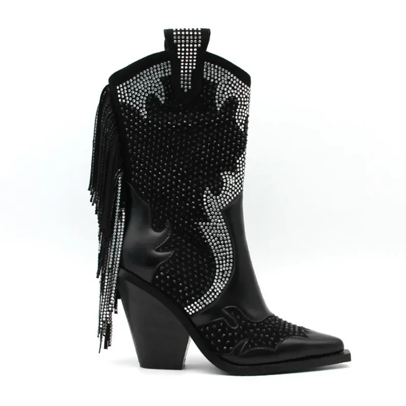 Rhinestone Tassel Vintage Short Boots Fashion Thick Heel Black And White Rhinestone Paired With Chelsea Women's Boots Size 36-41