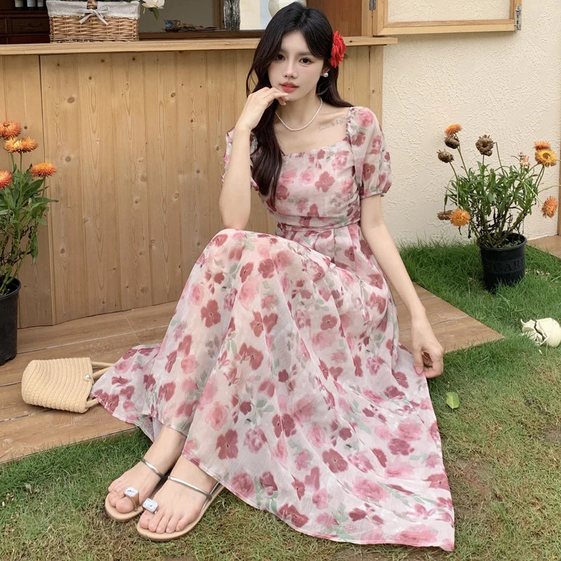 Summer New Large Size Design Feeling Square Neck Fragmented Flower Dress French Luxury Feeling Waist Tight and Slim Long Skirt