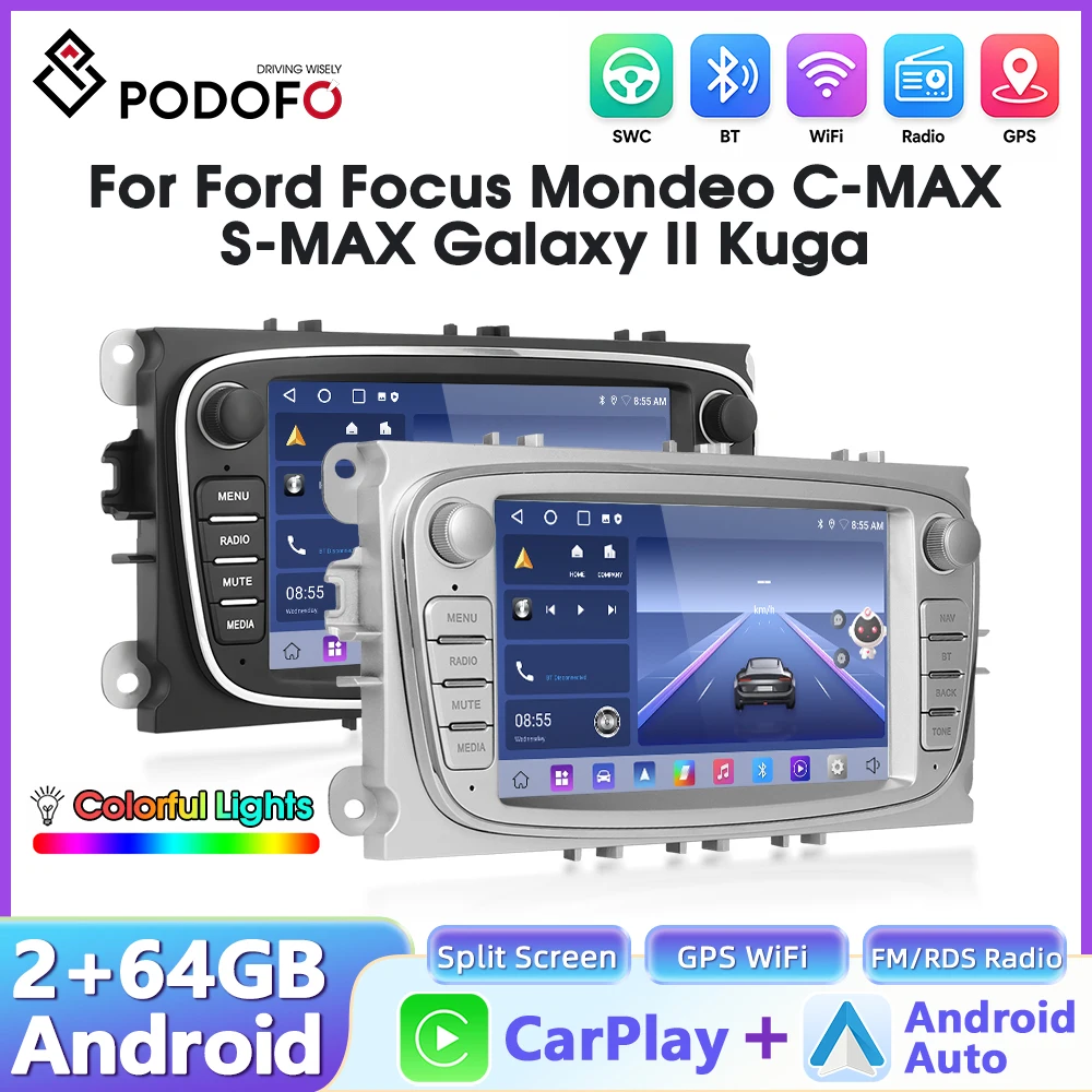 PODOFO 2+64G 7 inch CarPlay Android Auto Ford Focus Mondeo GPS Stereo