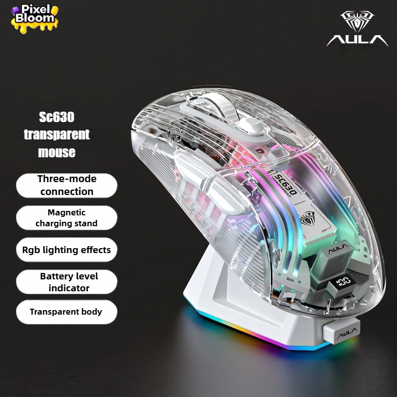 

Прозрачная беспроводная мышь AULA SC630, трехрежимная Bluetooth 2,4G, проводная магнитная док-станция RGB, 5-уровневая батарея DPI, 500 мАч, игровая и офисная