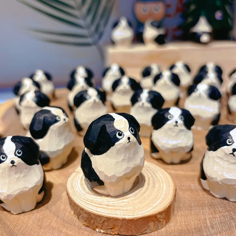 Handmade Wooden Border Collie Statue Cute Desktop Figurine Shepherd Dog Sculpture Handcrafted Wood Carving Art Unique Gift