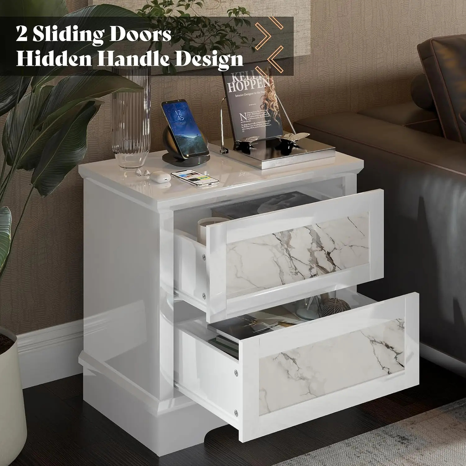 AMERLIFE Luxury Natural Marble Nightstand Set of 2 with Drawers, High Gloss Side Tables in Living Room, Storage End Table for Be