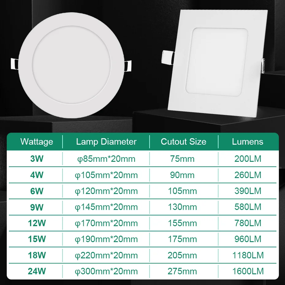 Luz descendente LED ultradelgada de 3W, 4W, 6W, 9W, 12W, 15W, 18W, 24W, lámpara empotrada de techo, Panel de luz cuadrado redondo Delgado, AC85-265V