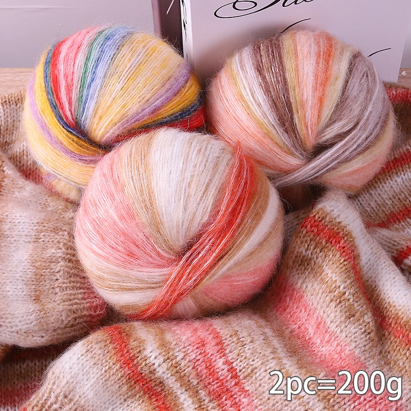 200g Rainbow Gradient Color Segment-Dyed Floral Wool Blend Yarn, Handmade Knitting Material, Used for Making Fashionable Large Coats, Soft and Warm Sweaters, Scarves, Hats, Gloves, Shawls, and Yarn Balls for Clothing Accessories. 1 Bag = 2 Pieces = 200g