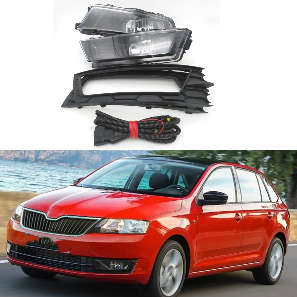 Car Lights For Skoda Rapid Sedan 2013 2014 2015 2016 2017 Car-styling Front Fog Light Lamp + Grille Cover + Harness Assembly