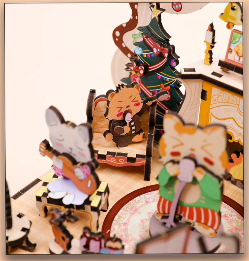 DIY 3D Wooden Animals Party Music Box Miniature Model Kits Jigsaw Puzzles Can Move for Friends Birthday Gifts Home Decoration