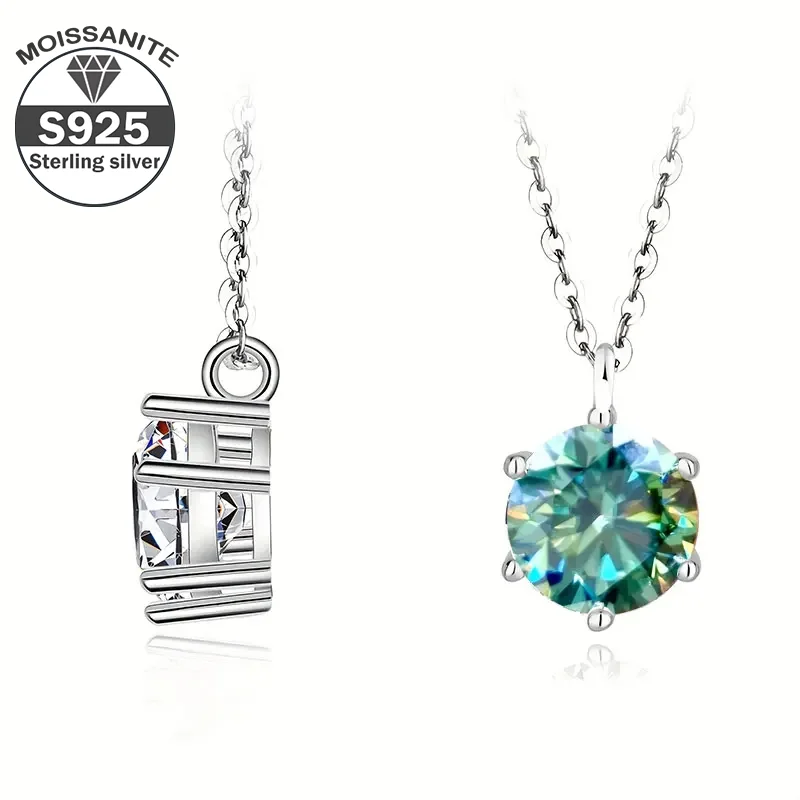 

925 Sterling Silver 1 CT Green and White Classic Six Claw Moissanite Pendant Necklace For Women Solid Silver Wedding Jewelry Eng