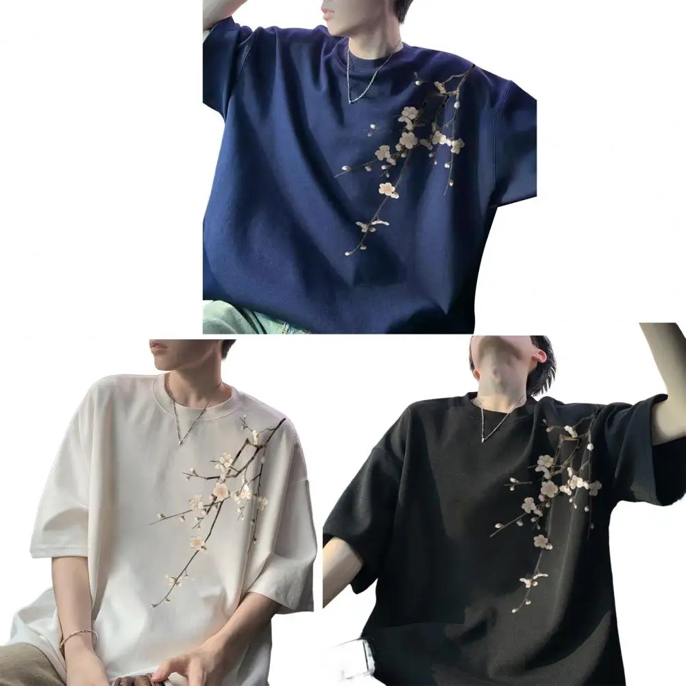 1Pc Loose Summer Men T-shirt Plum Blossom Pattern Crew Neck Couple Daily Top Half Sleeve New Chinese Style Mid Length Pullover