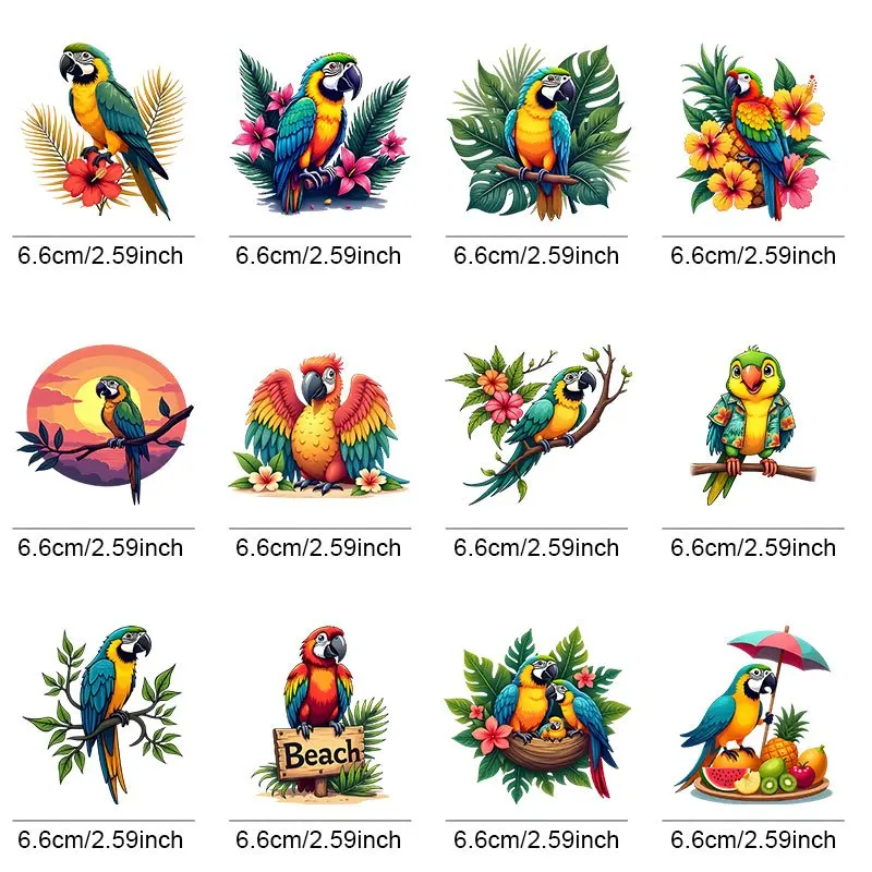 12Pcs/Set Tropical Parrot Vinyl Stickers, Colorful Macaw Waterproof Decals for Mug Decor