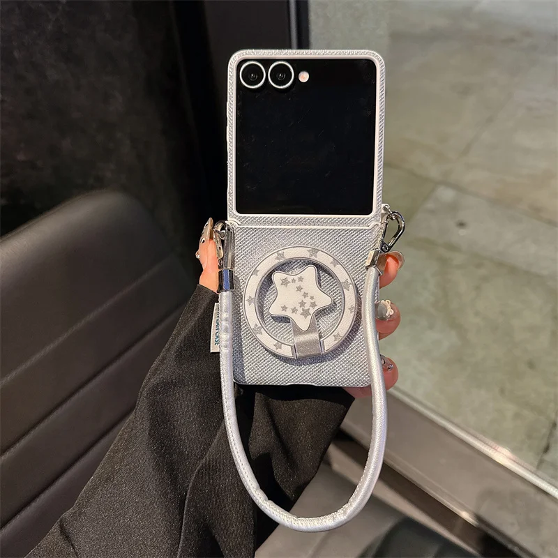 

Fashion Leather Magnetic Phone Case For Samsung Galaxy Z Flip 7 6 5 ZFlip6 ZFlip5 Cover with Star Stand Hand Rope Cases For Mags